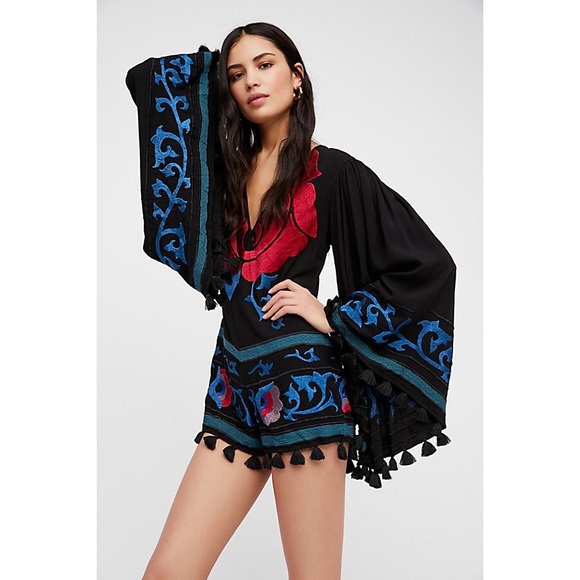 Free People Pants - Free People Island Embroidered Romper with Tassels